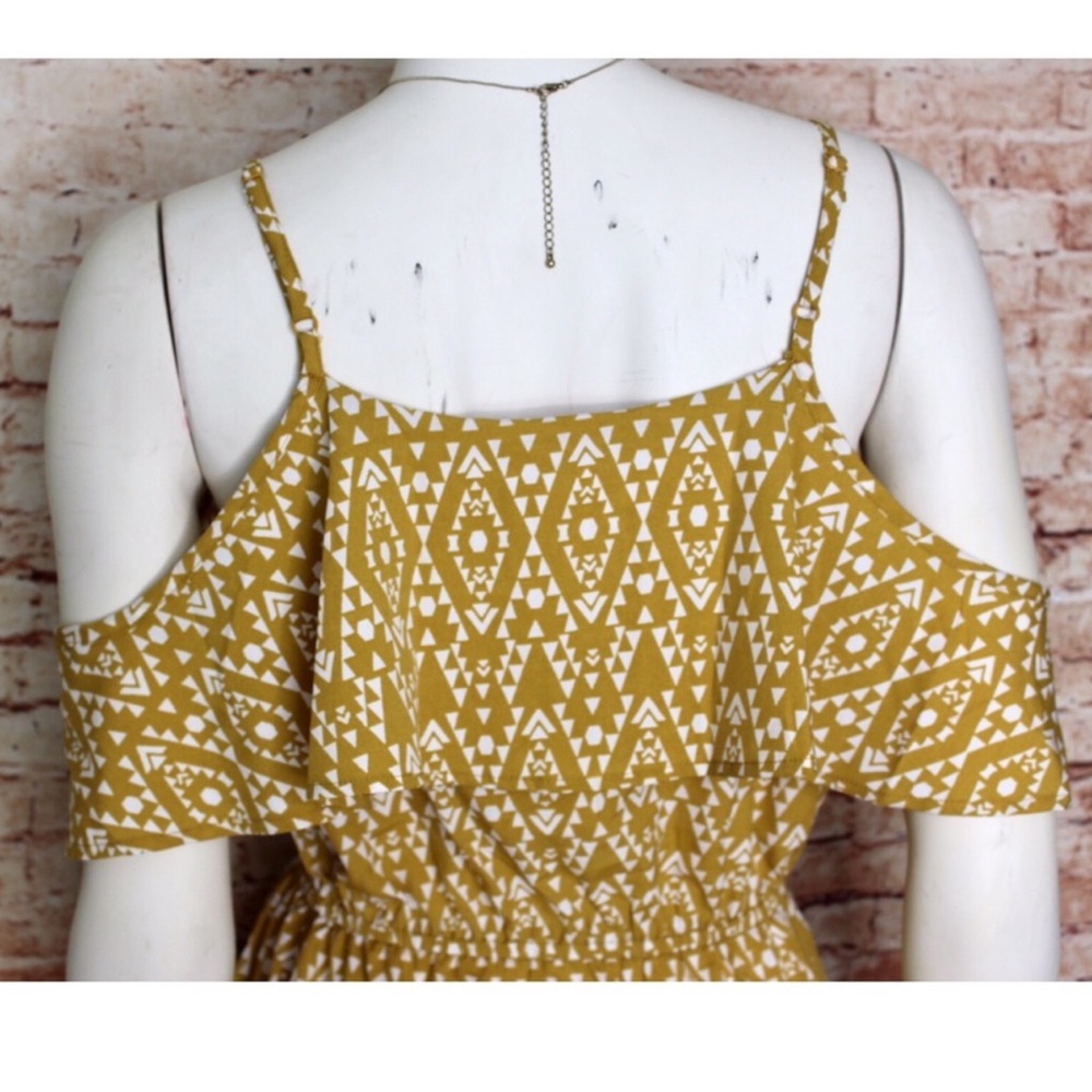 Indulge | Cold Shoulder Yellow Gold Patterned Ruffle Mini Dress - Picture 5 of 7